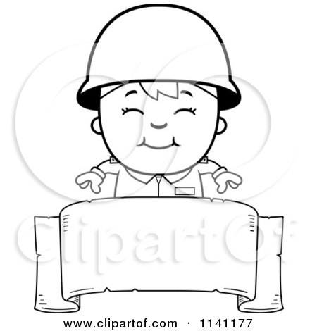 Cartoon Clipart Of A Black And White Happy Army Boy Over A Blank Banner - Vector Outlined Coloring Page by Cory Thoman