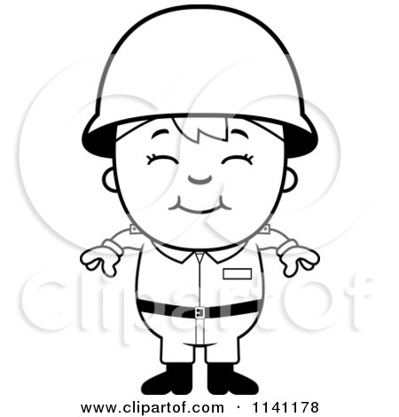 Cartoon Clipart Of A Black And White Happy Army Boy - Vector Outlined Coloring Page by Cory Thoman
