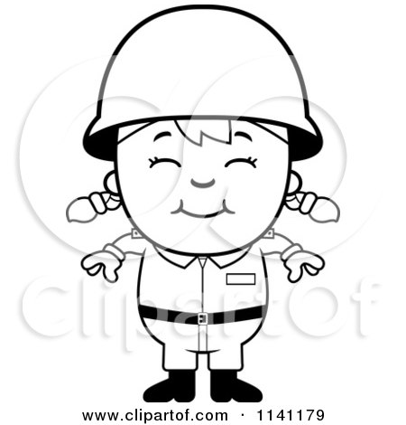 Cartoon Clipart Of A Black And White Happy Army Girl - Vector Outlined Coloring Page by Cory Thoman