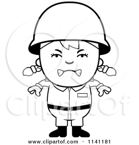 Cartoon Clipart Of A Black And White Angry Army Girl - Vector Outlined Coloring Page by Cory Thoman
