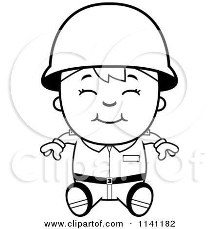 Cartoon Clipart Of A Black And White Happy Army Boy Sitting - Vector Outlined Coloring Page by Cory Thoman
