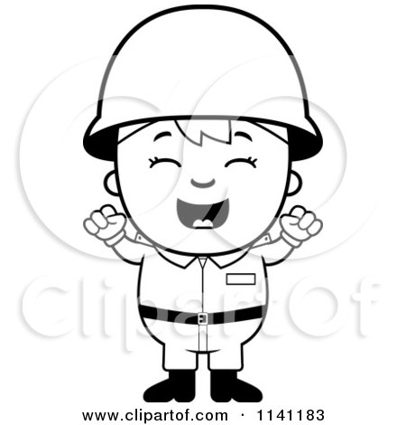 Cartoon Clipart Of A Black And White Happy Army Boy Cheering - Vector Outlined Coloring Page by Cory Thoman