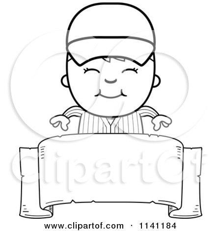 Cartoon Clipart Of A Black And White Happy Baseball Boy Over A Blank Banner - Vector Outlined Coloring Page by Cory Thoman