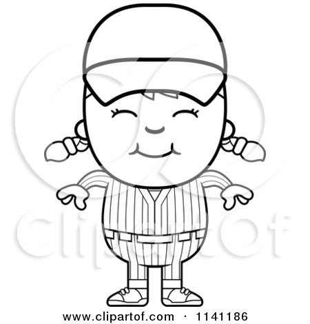 Cartoon Clipart Of A Black And White Happy Baseball Girl - Vector Outlined Coloring Page by Cory Thoman
