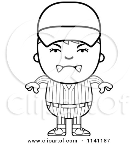 Cartoon Clipart Of A Black And White Angry Baseball Boy - Vector Outlined Coloring Page by Cory Thoman
