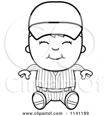 Cartoon Clipart Of A Black And White Happy Baseball Boy Sitting - Vector Outlined Coloring Page by Cory Thoman