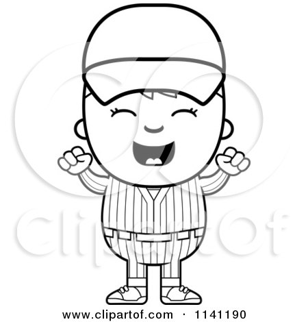 Cartoon Clipart Of A Black And White Happy Baseball Boy Cheering - Vector Outlined Coloring Page by Cory Thoman
