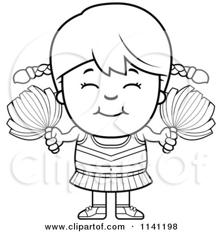 Cartoon Clipart Of A Black And White Happy Cheerleader Girl - Vector Outlined Coloring Page by Cory Thoman