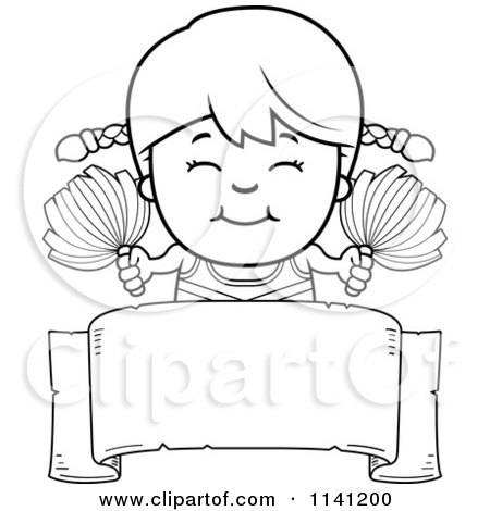Cartoon Clipart Of A Black And White Happy Cheerleader Girl Over A Sign - Vector Outlined Coloring Page by Cory Thoman