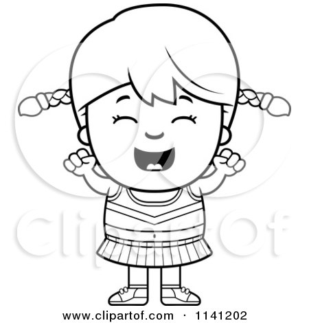 Cartoon Clipart Of A Black And White Happy Cheerleader Girl Cheering - Vector Outlined Coloring Page by Cory Thoman