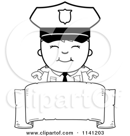 Cartoon Clipart Of A Black And White Happy Police Boy Over A Banner - Vector Outlined Coloring Page by Cory Thoman
