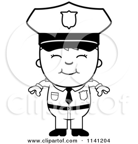 Cartoon Clipart Of A Black And White Happy Police Boy - Vector Outlined Coloring Page by Cory Thoman