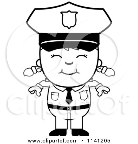 Cartoon Clipart Of A Black And White Happy Police Girl - Vector Outlined Coloring Page by Cory Thoman