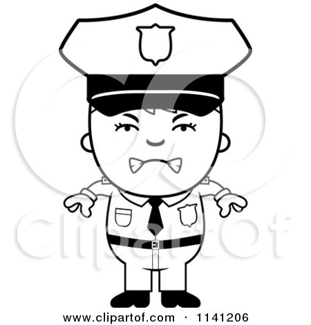 Cartoon Clipart Of A Black And White Angry Police Boy - Vector Outlined Coloring Page by Cory Thoman