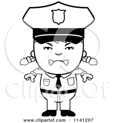 Cartoon Clipart Of A Black And White Angry Police Girl - Vector Outlined Coloring Page by Cory Thoman