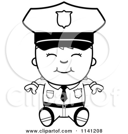 Cartoon Clipart Of A Black And White Happy Police Boy Sitting - Vector Outlined Coloring Page by Cory Thoman