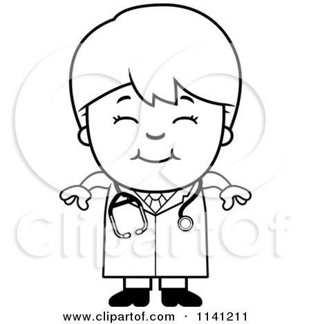 Cartoon Clipart Of A Black And White Happy Doctor Or Veterinarian Boy - Vector Outlined Coloring Page by Cory Thoman