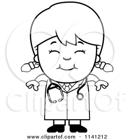 Cartoon Clipart Of A Black And White Happy Doctor Or Veterinarian Girl - Vector Outlined Coloring Page by Cory Thoman