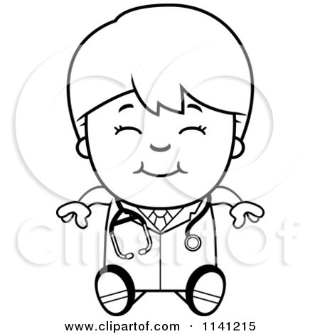 Cartoon Clipart Of A Black And White Happy Doctor Or Veterinarian Boy Sitting - Vector Outlined Coloring Page by Cory Thoman