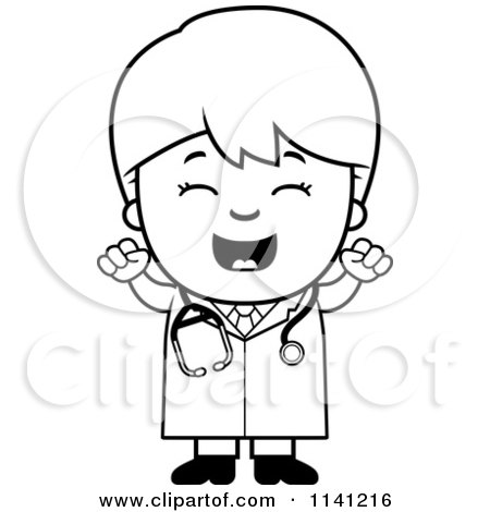 Cartoon Clipart Of A Black And White Happy Doctor Or Veterinarian Boy Cheering - Vector Outlined Coloring Page by Cory Thoman