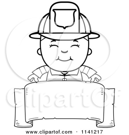 Cartoon Clipart Of A Black And White Happy Fire Fighter Boy Over A Blank Banner - Vector Outlined Coloring Page by Cory Thoman