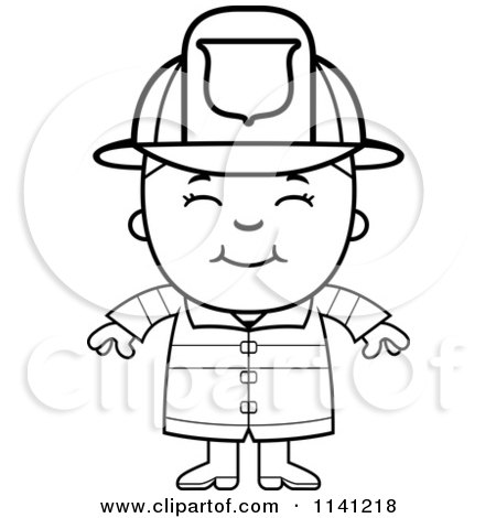 Cartoon Clipart Of A Black And White Happy Fire Fighter Boy - Vector Outlined Coloring Page by Cory Thoman