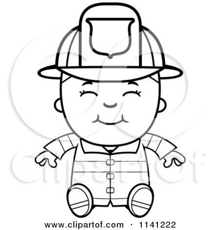 Cartoon Clipart Of A Black And White Happy Fire Fighter Boy Sitting - Vector Outlined Coloring Page by Cory Thoman