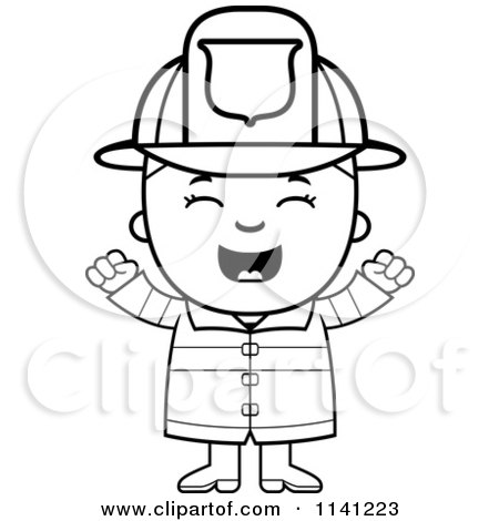 Cartoon Clipart Of A Black And White Happy Fire Fighter Boy Cheering - Vector Outlined Coloring Page by Cory Thoman