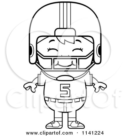 Cartoon Clipart Of A Black And White Happy Football Player Boy - Vector Outlined Coloring Page by Cory Thoman
