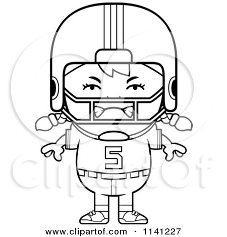 Cartoon Clipart Of A Black And White Angry Football Player Girl - Vector Outlined Coloring Page by Cory Thoman