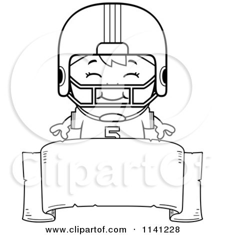 Cartoon Clipart Of A Black And White Happy Football Player Boy Over A Banner Sign - Vector Outlined Coloring Page by Cory Thoman