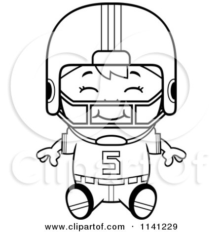 Cartoon Clipart Of A Black And White Happy Football Player Boy Sitting - Vector Outlined Coloring Page by Cory Thoman