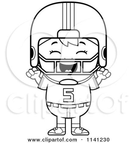 Cartoon Clipart Of A Black And White Happy Football Player Boy Cheering - Vector Outlined Coloring Page by Cory Thoman