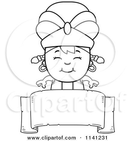 Cartoon Clipart Of A Black And White Happy Genie Girl Over A Banner Sign - Vector Outlined Coloring Page by Cory Thoman