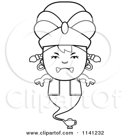 Cartoon Clipart Of A Black And White Angry Genie Girl - Vector Outlined Coloring Page by Cory Thoman