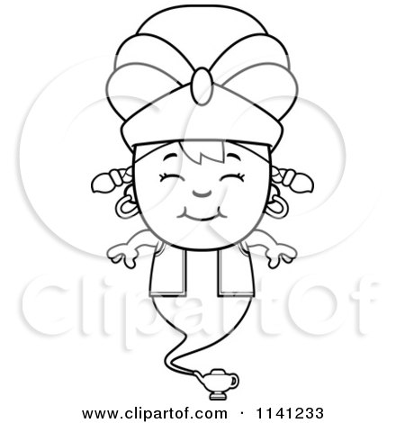 Cartoon Clipart Of A Black And White Happy Genie Girl - Vector Outlined Coloring Page by Cory Thoman
