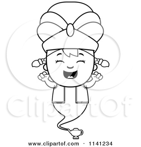 Cartoon Clipart Of A Black And White Happy Genie Girl Cheering - Vector Outlined Coloring Page by Cory Thoman