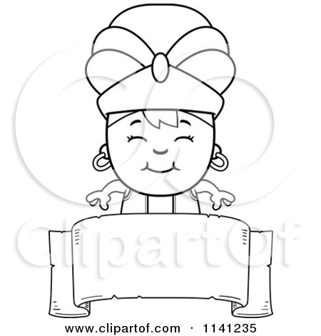 Cartoon Clipart Of A Black And White Happy Genie Boy Over A Banner Sign - Vector Outlined Coloring Page by Cory Thoman