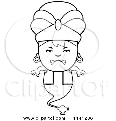 Cartoon Clipart Of A Black And White Angry Genie Boy - Vector Outlined Coloring Page by Cory Thoman