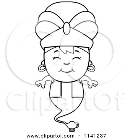 Cartoon Clipart Of A Black And White Happy Genie Boy - Vector Outlined Coloring Page by Cory Thoman