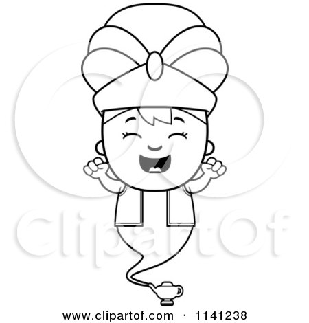Cartoon Clipart Of A Black And White Happy Genie Boy Cheering - Vector Outlined Coloring Page by Cory Thoman