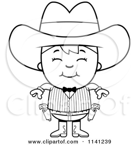 Cartoon Clipart Of A Black And White Happy Gunslinger Boy - Vector Outlined Coloring Page by Cory Thoman