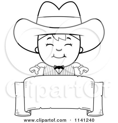 Cartoon Clipart Of A Black And White Happy Gunslinger Boy Over A Banner - Vector Outlined Coloring Page by Cory Thoman