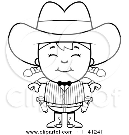Cartoon Clipart Of A Black And White Happy Gunslinger Girl - Vector Outlined Coloring Page by Cory Thoman