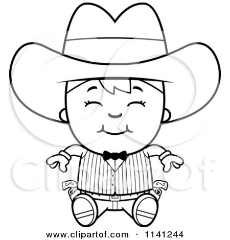 Cartoon Clipart Of A Black And White Happy Gunslinger Boy Sitting - Vector Outlined Coloring Page by Cory Thoman