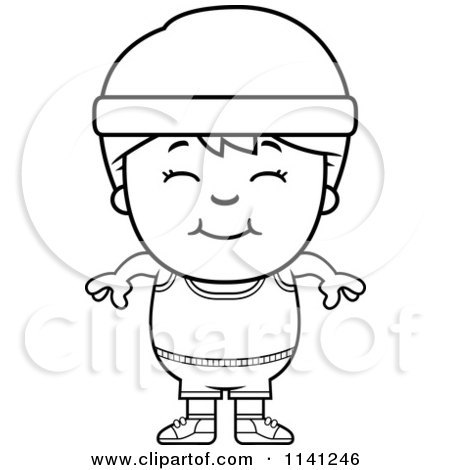Cartoon Clipart Of A Black And White Happy Fitness Gym Boy - Vector Outlined Coloring Page by Cory Thoman