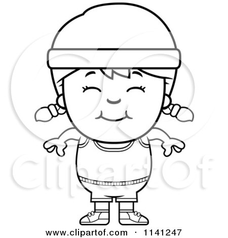 Cartoon Clipart Of A Black And White Happy Fitness Gym Girl - Vector Outlined Coloring Page by Cory Thoman