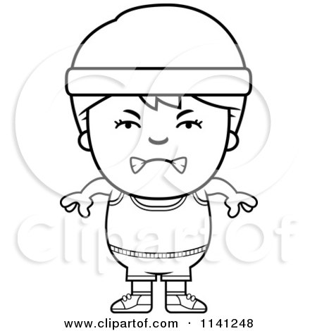 Cartoon Clipart Of A Black And White Angry Fitness Gym Boy - Vector Outlined Coloring Page by Cory Thoman