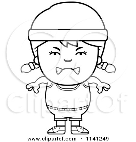 Cartoon Clipart Of A Black And White Angry Fitness Gym Girl - Vector Outlined Coloring Page by Cory Thoman
