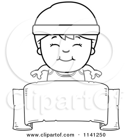 Cartoon Clipart Of A Black And White Happy Fitness Gym Boy Over A Banner Sign - Vector Outlined Coloring Page by Cory Thoman